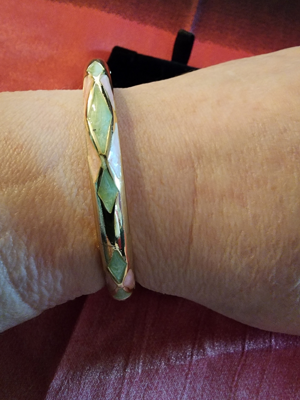 Gold Tone Bangle Bracelet with Green Inlay
